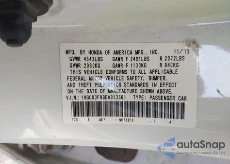 2014 Honda Accord Touring из США, поврежденный, VIN 1HGCR3F98EA013561